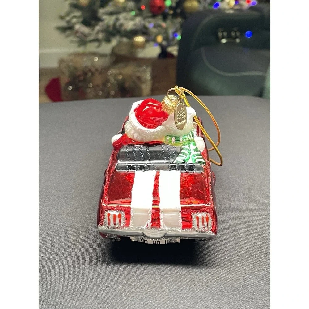 Vintage Santa Polar Bear Red Sports Car Blown Glass Christmas Ornament Mint!
